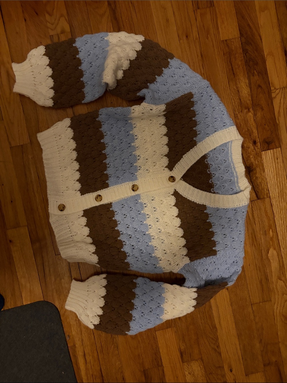 Striped Knit Button-Front Cardigan Sweater - Blue, Brown & Cream